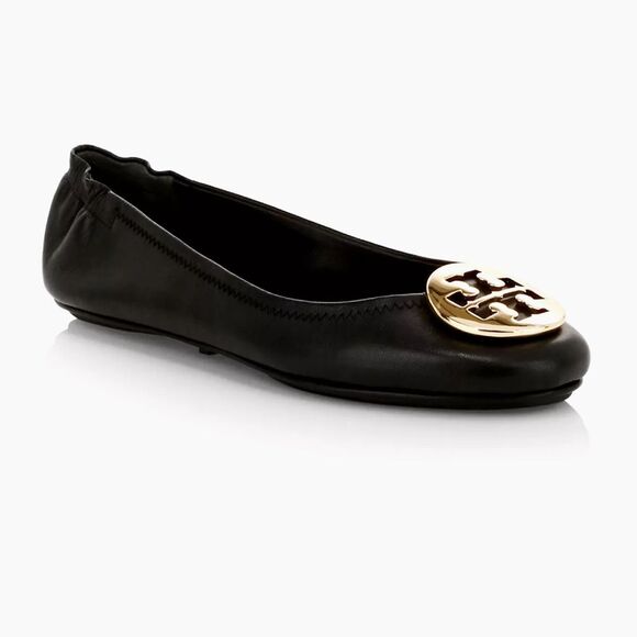 Tory Burch Iconic Black Leather Flats Silver Tone Logo Plate sz 8 Luxury Elegant - Picture 3 of 13